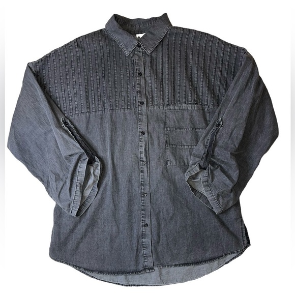 {EUC POL by Anthropologie Oversized Distressed Black Button Down Shacket Small} - Picture 3 of 9